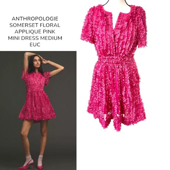 ANTHROPOLOGIE SOMERSET FLOWER APPLIQUE PINK MINI DRESS SIZE MEDIUM EUC. - Picture 1 of 6